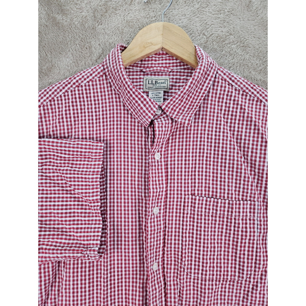 L.L.Bean Waffle Shirt Red and White Gingham Button-down Plaid Checkered Pocket S